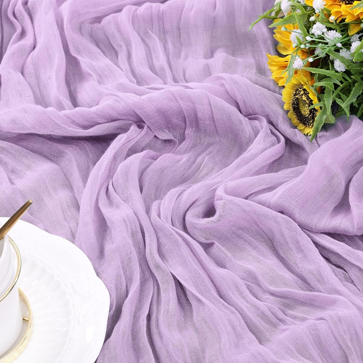 37 - Cheesecloth Table Runner 10Ft Gauze Boho Rustic Lilac Purple Cheese Cloth Table Runner for Baby Shower Decoration Wedding Easter Summer Table Runner