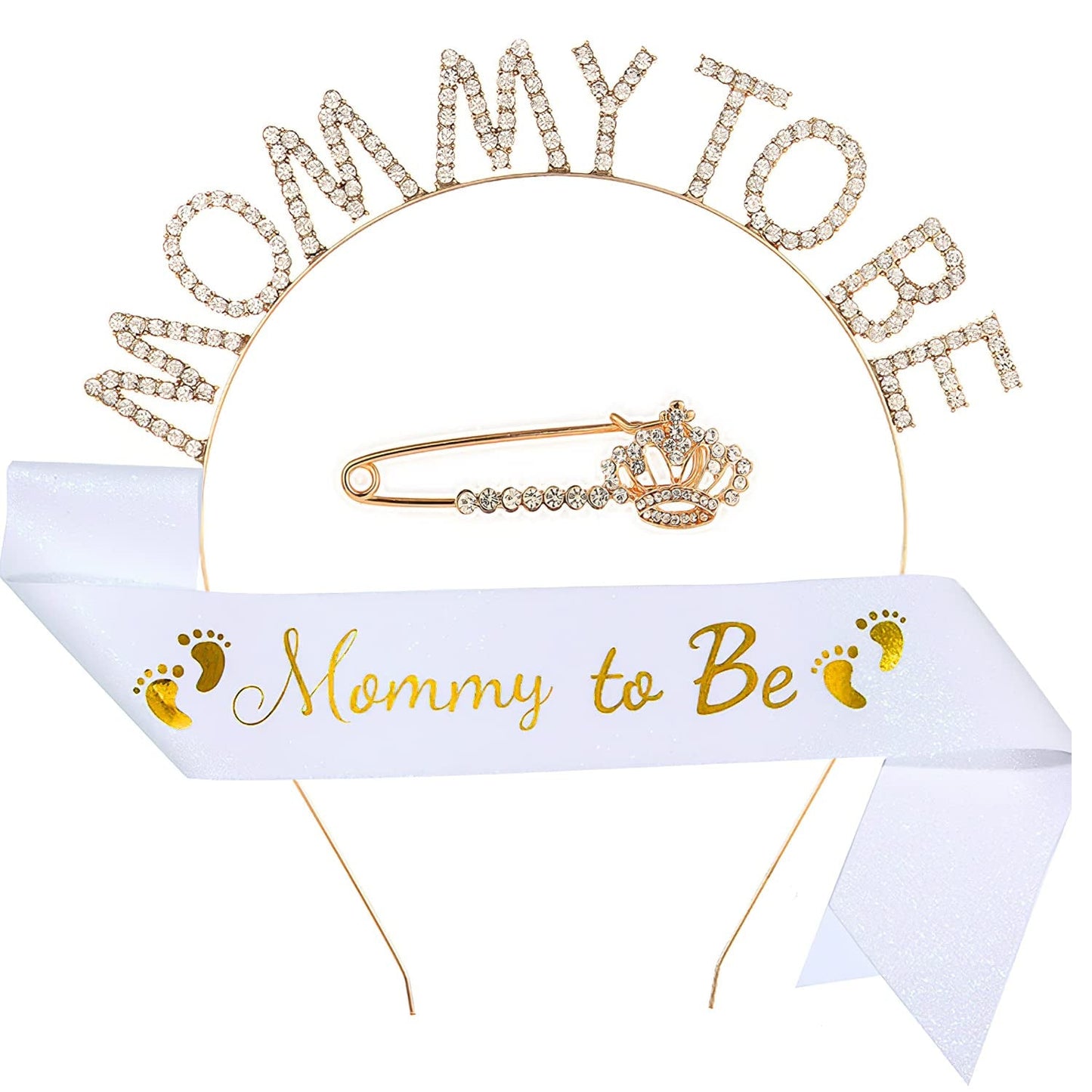 30 - Baby Shower Sash Tiara Brooch Set, Mommy to Be Sash Rhinestone Crown Headband Party Decoration for Baby Gender Reveal Party Gold