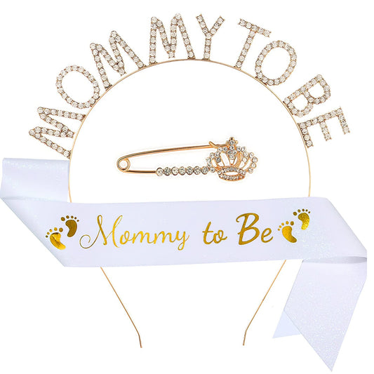 30 - Baby Shower Sash Tiara Brooch Set, Mommy to Be Sash Rhinestone Crown Headband Party Decoration for Baby Gender Reveal Party Gold