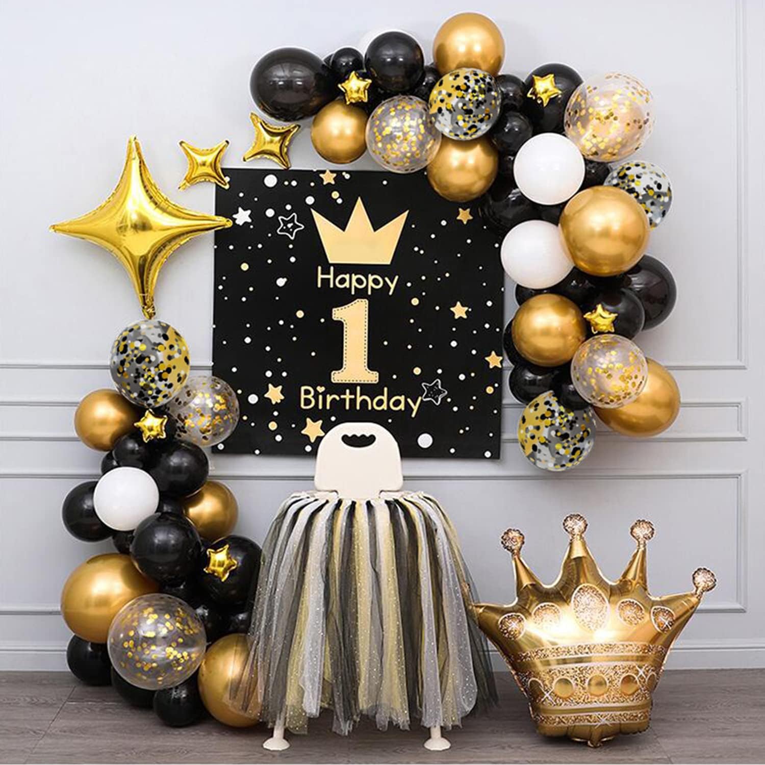 11 - Black Gold Confetti Balloons 50 Pack - 12 Inch Gold White and Black Confetti Balloons with Ribbons for Graduation Birthday Wedding Party Decorations…