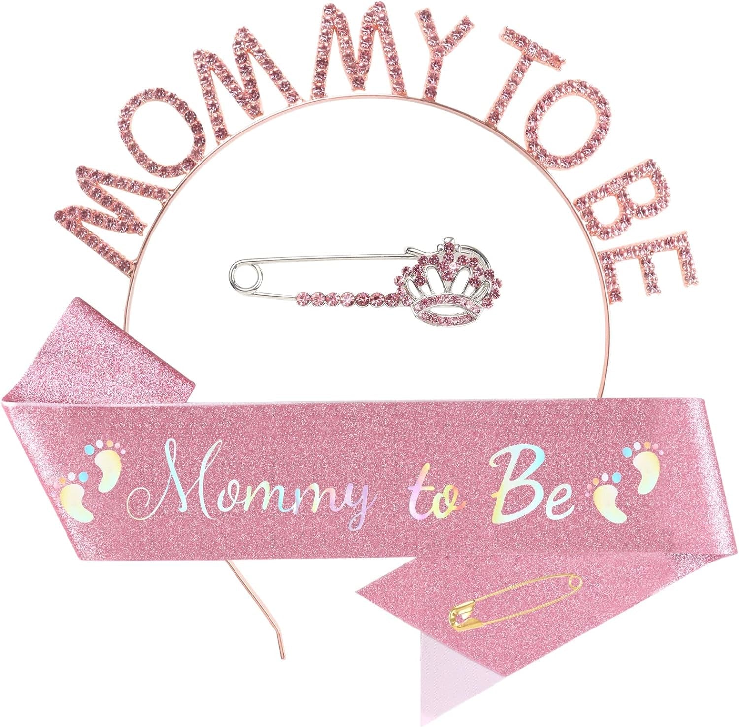 32 - Mom to Be Baby Shower Decorations, Mommy to Be Sash and Tiara Set Mother to Be Crown Mommy to Be Pin Maternity Gift for Her, for Gender Reveal and Baby Girl Showers, Pink