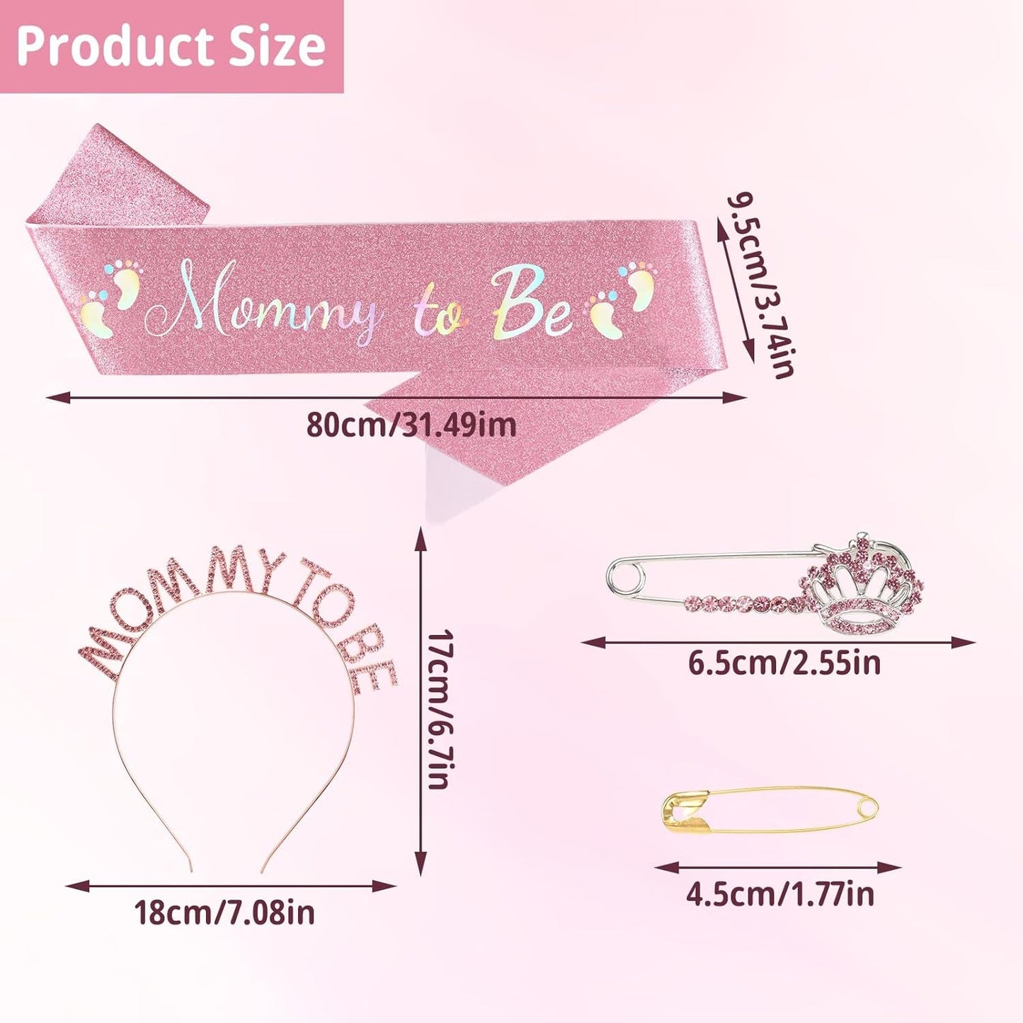 32 - Mom to Be Baby Shower Decorations, Mommy to Be Sash and Tiara Set Mother to Be Crown Mommy to Be Pin Maternity Gift for Her, for Gender Reveal and Baby Girl Showers, Pink