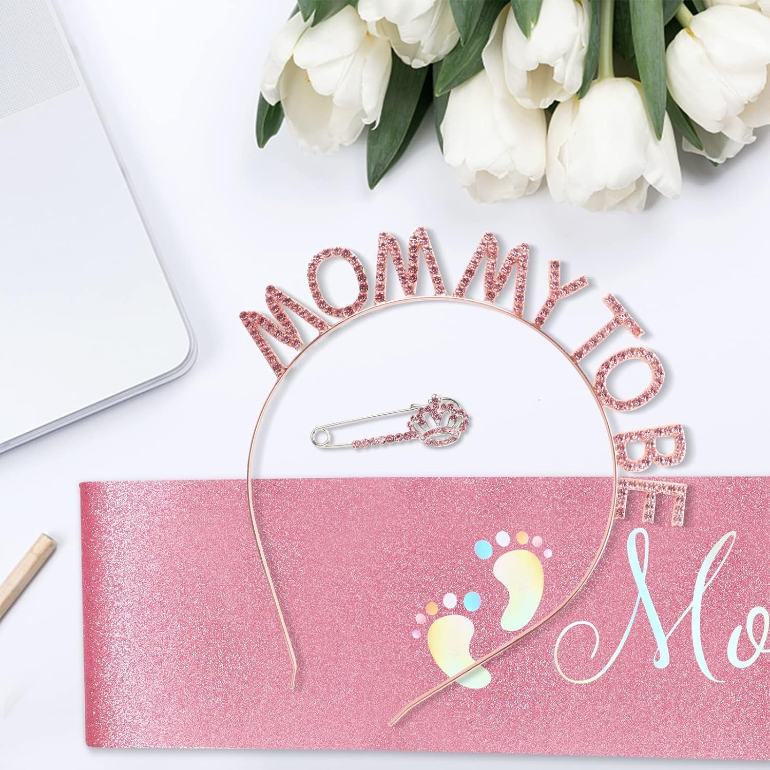 32 - Mom to Be Baby Shower Decorations, Mommy to Be Sash and Tiara Set Mother to Be Crown Mommy to Be Pin Maternity Gift for Her, for Gender Reveal and Baby Girl Showers, Pink