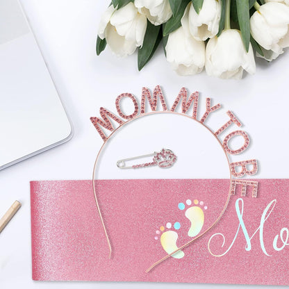 32 - Mom to Be Baby Shower Decorations, Mommy to Be Sash and Tiara Set Mother to Be Crown Mommy to Be Pin Maternity Gift for Her, for Gender Reveal and Baby Girl Showers, Pink