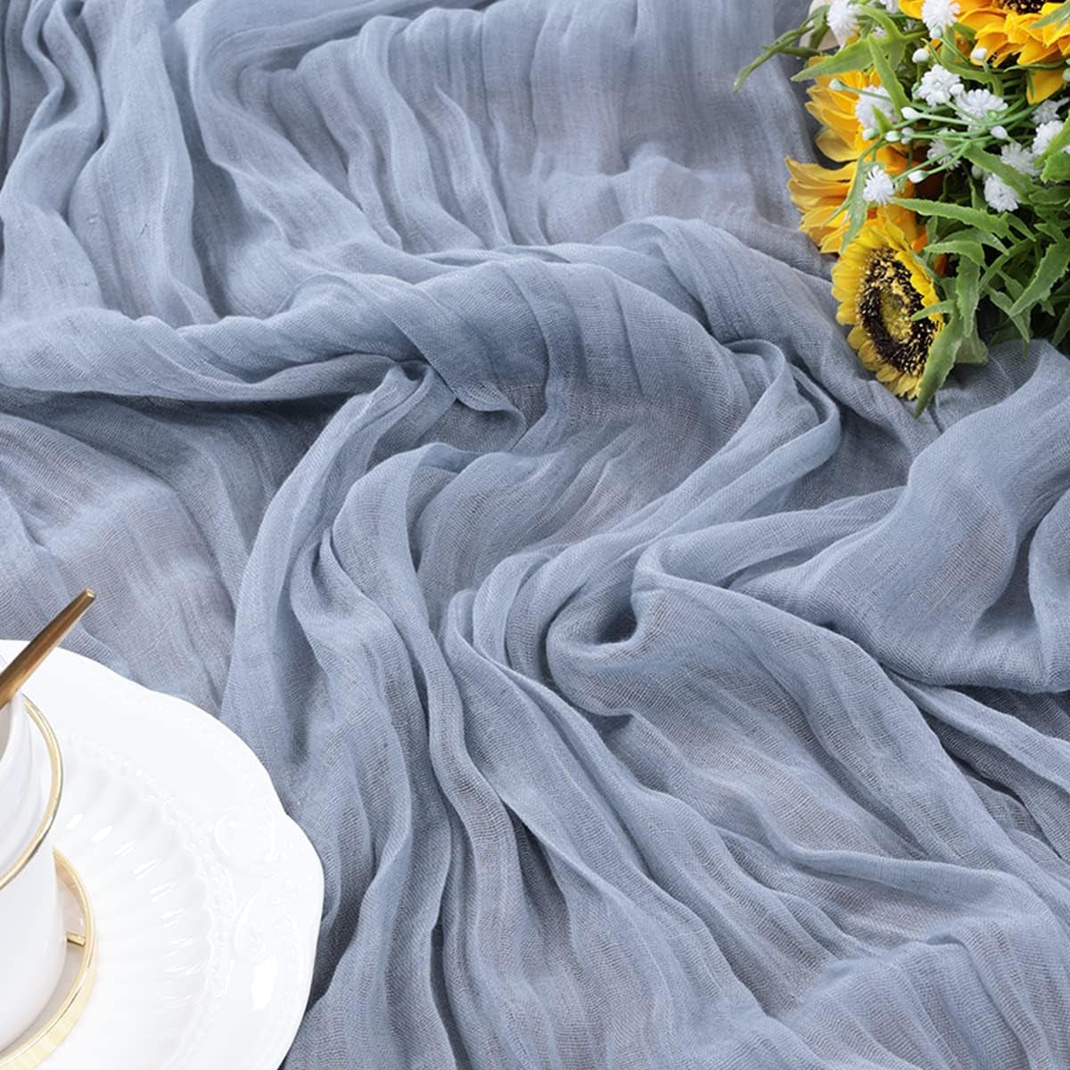 36 - Cheesecloth Table Runner 10Ft Gauze Boho Rustic Dusty Blue Cheese Cloth Table Runner for Baby Shower Decoration Wedding Easter Summer Table Runner