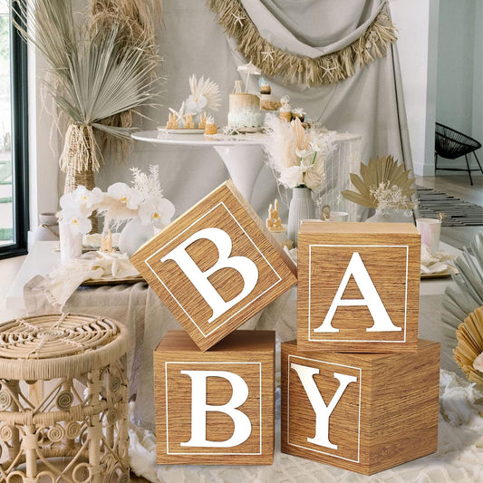 1 - Baby Shower Boxes Birthday Party Decorations - 4 Wood Grain Brown Stereoscopic Blocks with BABY Letter,1St Birthday Balloon Boxes,Teddy Bear Boys Girls Baby Shower Supplies, Gender Reveal Backdrop