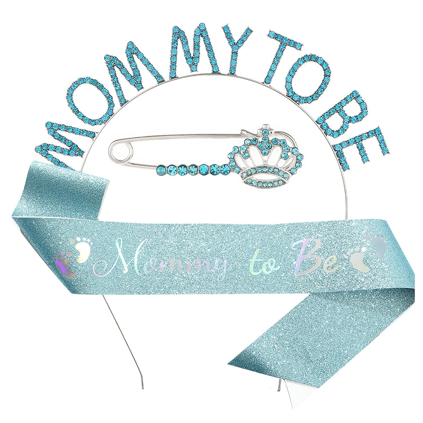 31 - Baby Shower Sash Tiara Brooch Set, Mommy to Be Sash Rhinestone Crown Headband Party Decoration for Baby Gender Reveal Party Blue